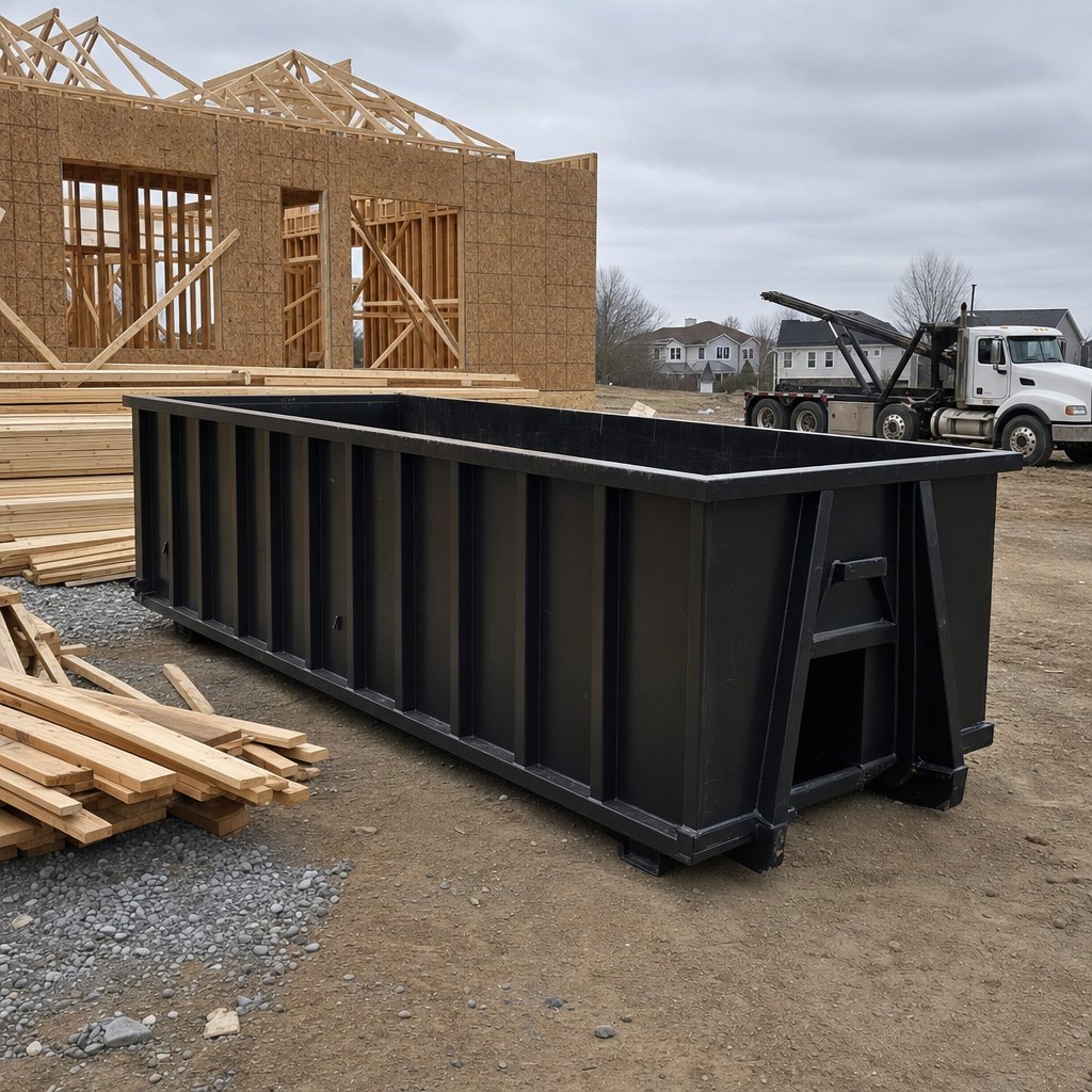 Matte-black 40-yard roll-off dumpster staged on a framed-out residential construction site in Longmeadow, framing lumber stacked nearby, hooklift delivery truck visible in the background under bright Colorado daylight