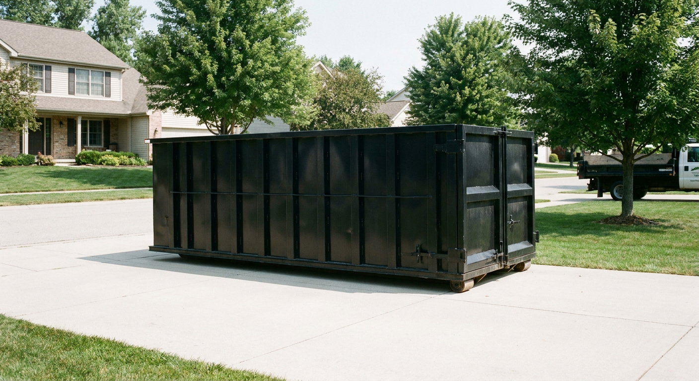 Matte-black 20-yard roll-off dumpster sitting level on a clean Longmeadow residential concrete driveway under bright daylight, demonstrating clean placement directly on the concrete.