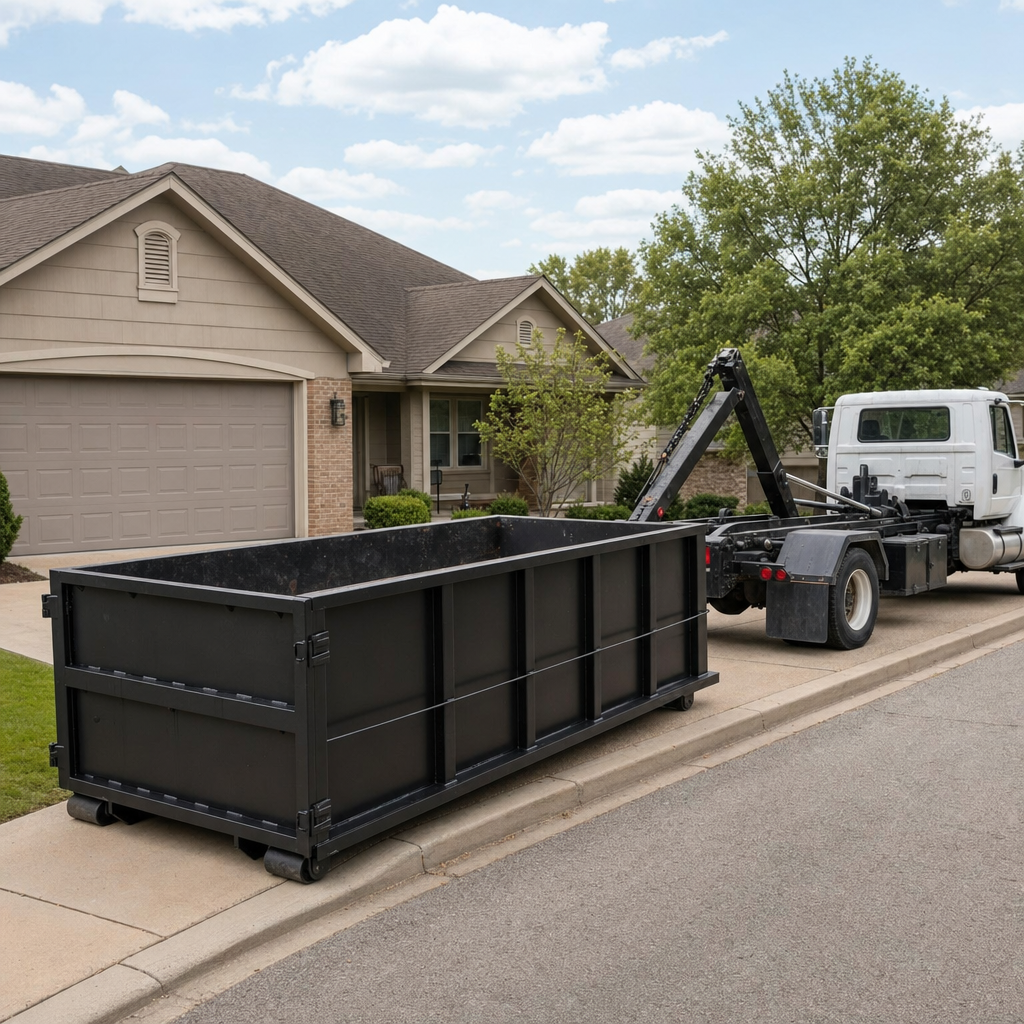 Wide documentary shot of a matte-black roll-off dumpster on a Longmeadow residential driveway in the foreground and a contractor jobsite container in the soft-focus background, bright daylight, calm and orderly composition.