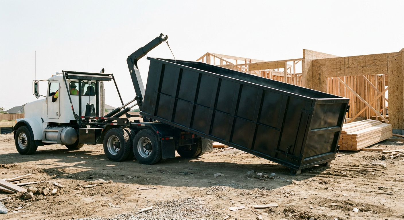 Matte-black roll-off dumpster being delivered onto a clean residential concrete driveway in Longmeadow by an unmarked white hooklift hauler truck, bright morning daylight, documentary 35mm perspective.