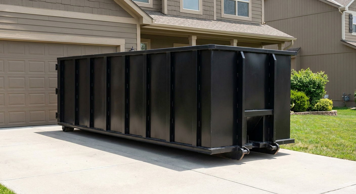 Matte-black residential roll-off dumpster sitting directly on a suburban Longmeadow concrete driveway, garage door closed, single-family home in background, bright morning daylight.