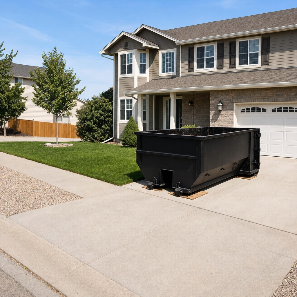10-yard matte-black residential dumpster placed directly on a narrow Longmeadow concrete driveway, room remains for a parked sedan beside it, mid-morning natural light