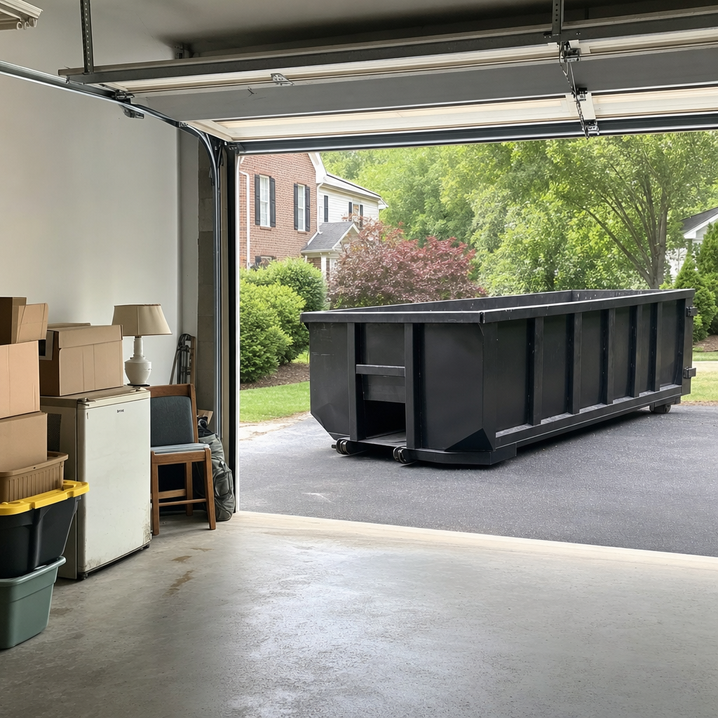 Open garage interior in a Longmeadow home mid-cleanout — boxed items, an old appliance, and stacked yard tools queued near the driveway for a matte-black roll-off dumpster, organized and calm