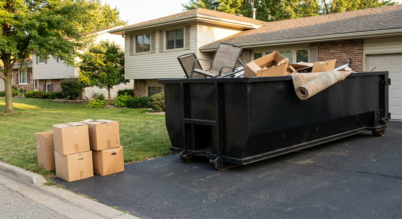 Front-yard view of a Longmeadow split-level home with a 20-yard matte-black roll-off dumpster sitting directly on the asphalt driveway, a few clearly labeled donation boxes staged at the curb, calm sunny afternoon.