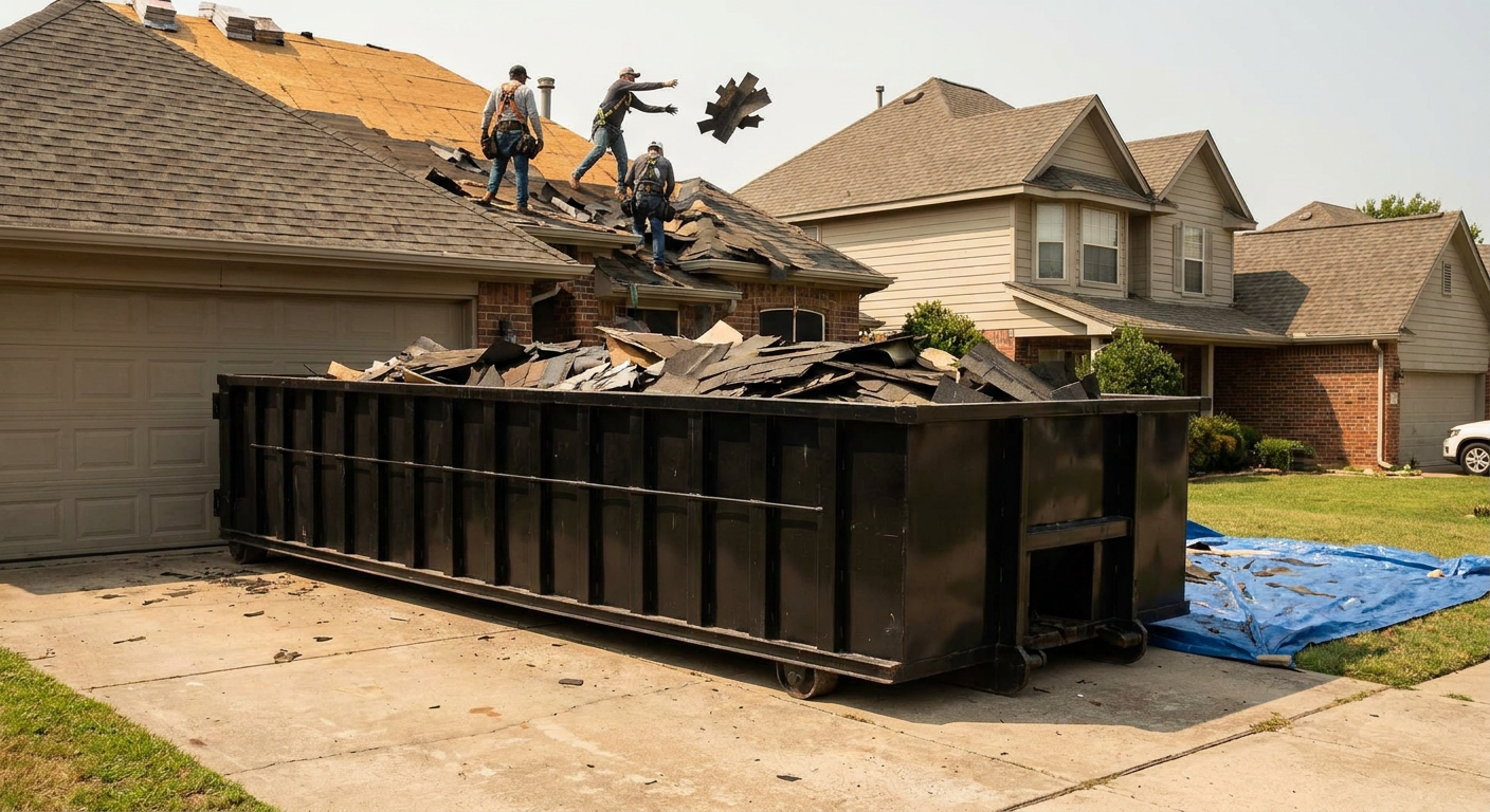 Matte-black roofing roll-off dumpster placed directly on a Longmeadow residential concrete driveway, a tear-off crew on a two-story asphalt-shingle roof tossing shingle bundles into the low-walled container, bright daylight, documentary 35mm perspective.