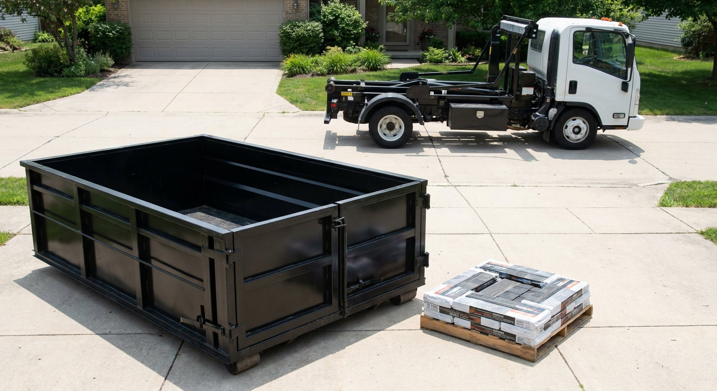 Matte-black 15-yard roofing roll-off dumpster with reinforced low side walls sitting directly on a Longmeadow residential concrete driveway, three-tab asphalt shingle bundles stacked nearby, an unmarked white hauler truck partially visible at the edge of the frame.