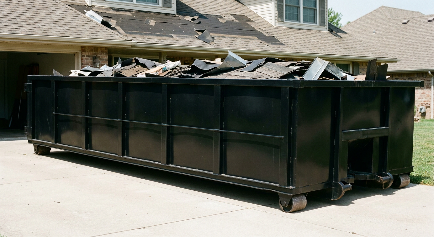 Matte-black 20-yard roofing roll-off dumpster with steel ribbed sides and swinging rear door, sitting directly on the concrete driveway of a two-story Longmeadow home, asphalt shingle debris being loaded over the low wall, clean documentary lighting.