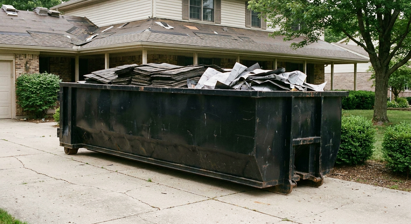 Matte-black 30-yard roofing roll-off dumpster sitting directly on a Longmeadow concrete driveway, taller ribbed steel side panels, mixed tear-off debris of asphalt shingles and underlayment inside, professional documentary daylight.