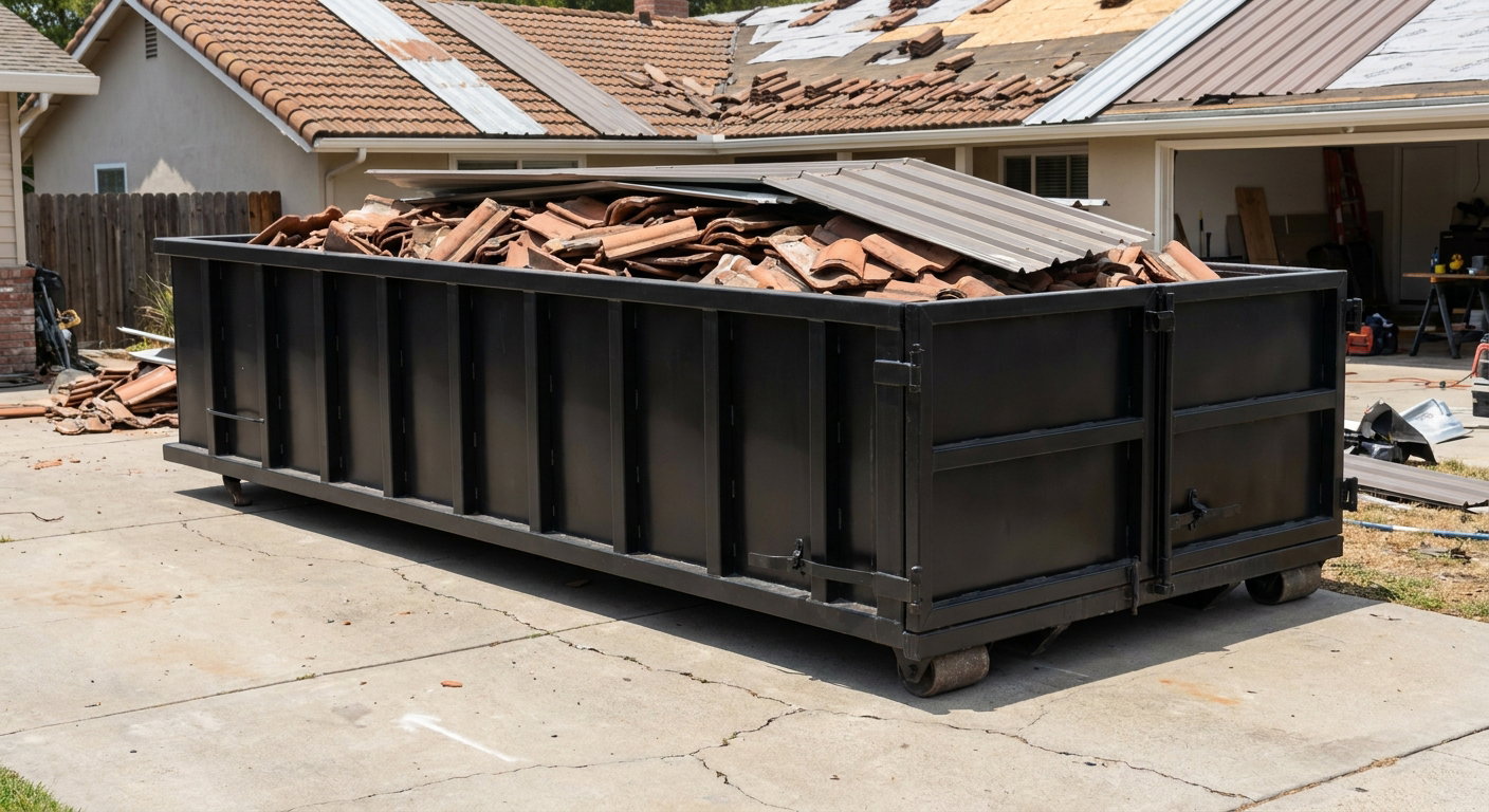 Matte-black low-wall heavy-debris roofing roll-off dumpster sitting directly on a Longmeadow concrete driveway, broken concrete clay roof tiles and metal panel sections loaded inside, reinforced ribbed steel side walls visible, bright outdoor daylight.