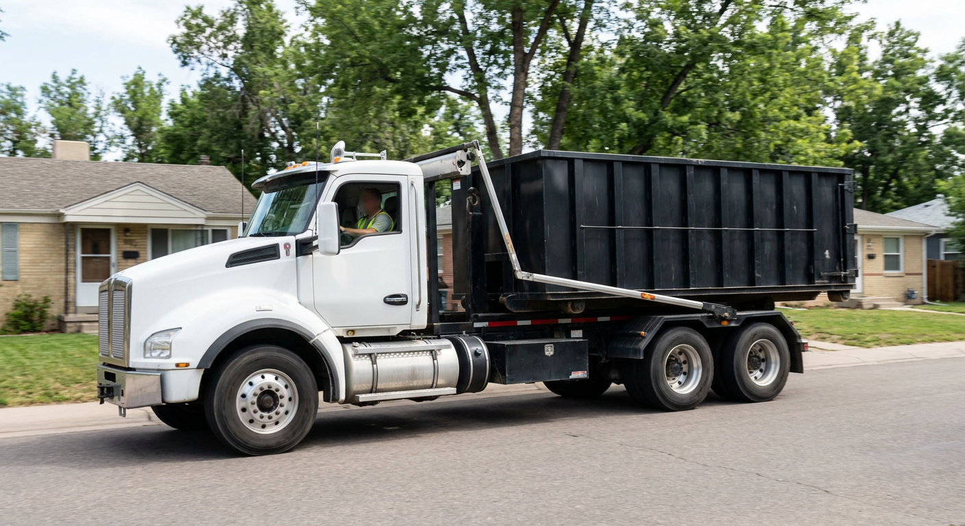 A wide documentary shot of a matte-black roll-off delivery truck pulling onto a quiet Longmeadow residential street at mid-morning, with neighborhood rooftops and tree-lined blocks visible behind, showing the metro coverage footprint.