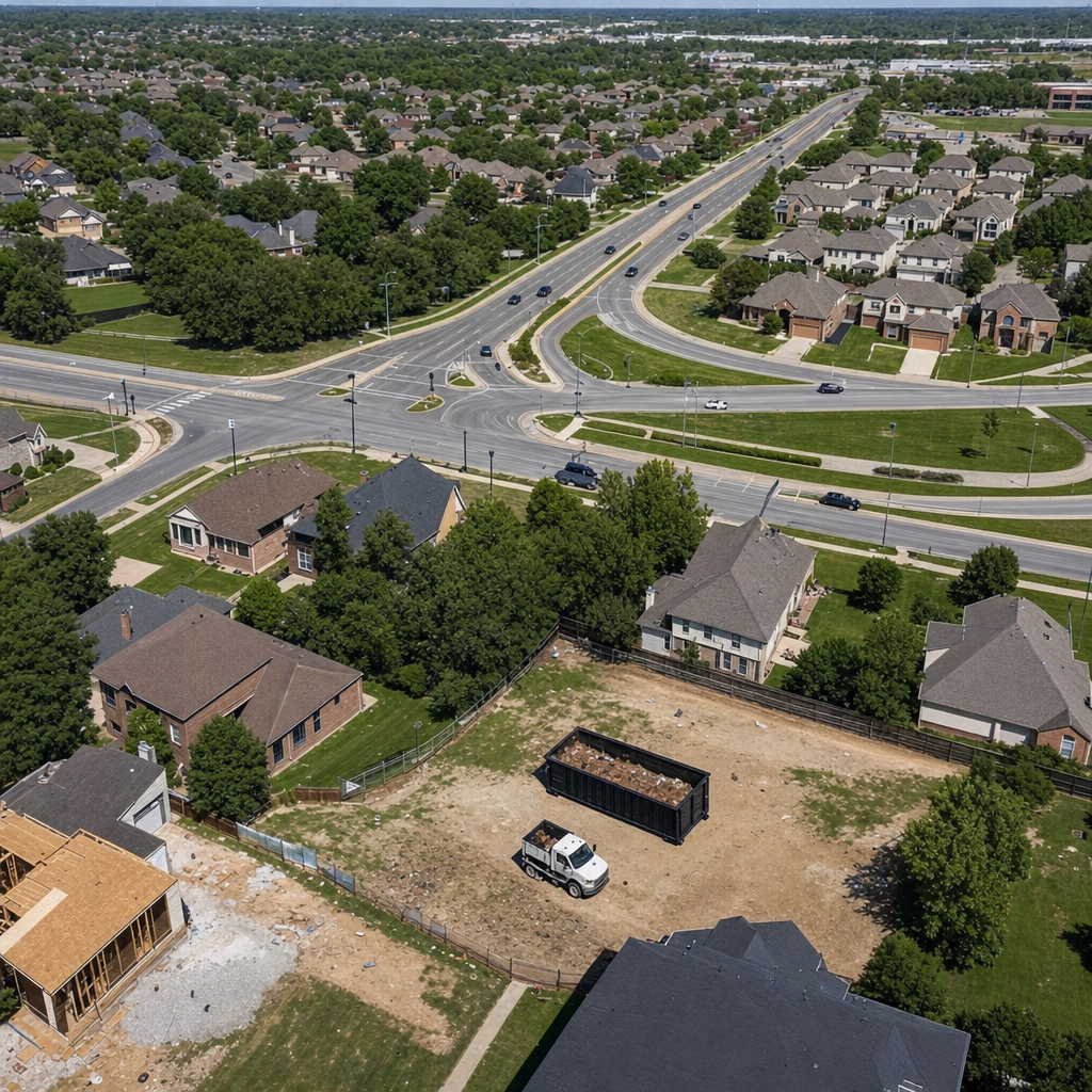 An overhead documentary view of the Longmeadow metro area at midday, showing the spread of neighborhoods, arterial roads, and the dispatch radius from a central yard — clean daylight, organized geographic layout.