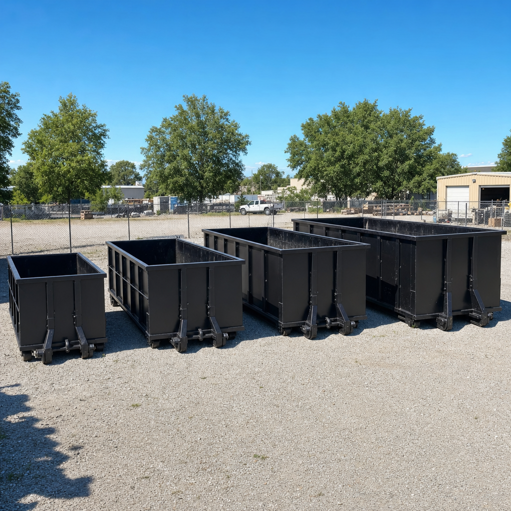 A clean lineup of matte-black roll-off dumpsters in 10, 20, 30, and 40-yard sizes staged on a sunlit gravel yard in Longmeadow, showing the size progression from compact to commercial-scale containers.