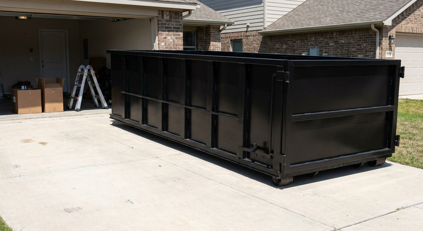 A matte-black 10-yard roll-off dumpster sitting directly on a residential Longmeadow concrete driveway, mid-day sunlight, clean and ready for a garage cleanout.