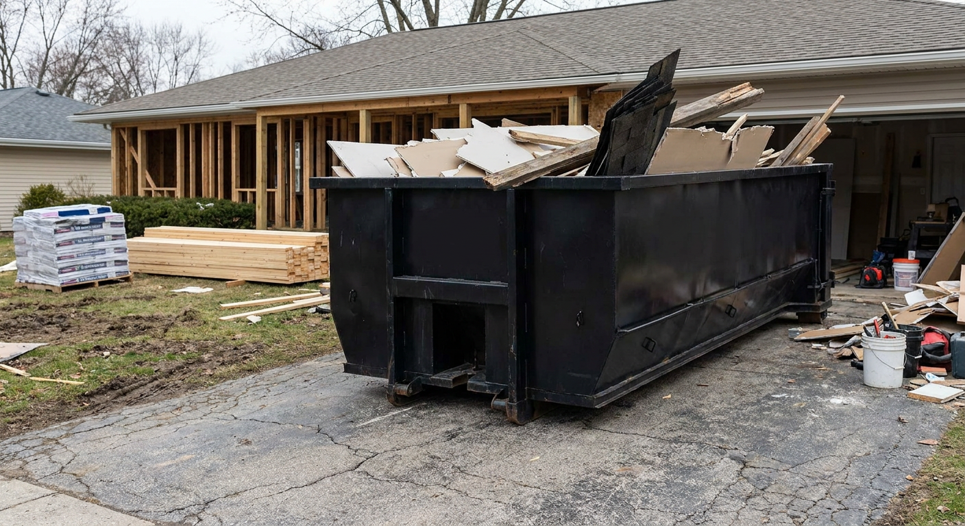 A matte-black 20-yard roll-off dumpster placed alongside a mid-renovation Longmeadow home directly on the asphalt driveway, with framing materials and torn-off shingles staged neatly nearby.