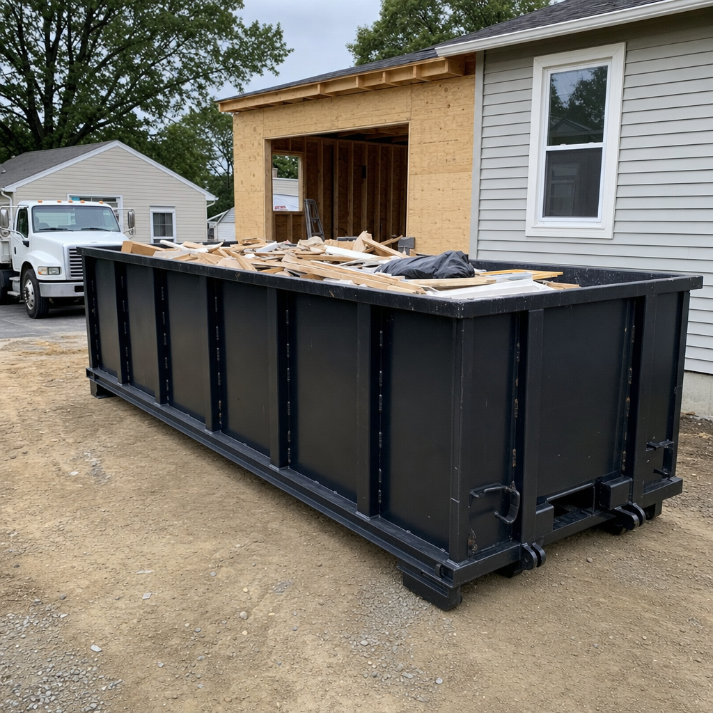 A matte-black 30-yard roll-off dumpster positioned at a Longmeadow residential addition jobsite, with framing lumber and drywall scraps loaded through the open swinging rear doors.