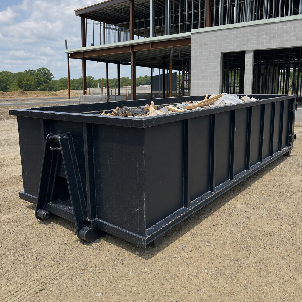 A matte-black 40-yard roll-off dumpster staged on a large Longmeadow commercial construction lot, with a hooklift delivery truck parked alongside under bright midday sky.