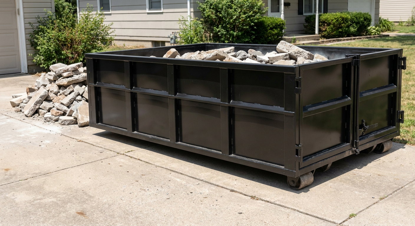 A matte-black low-side heavy-debris roll-off dumpster placed directly on a Longmeadow concrete driveway, with broken concrete chunks neatly stacked beside it under clean daylight.