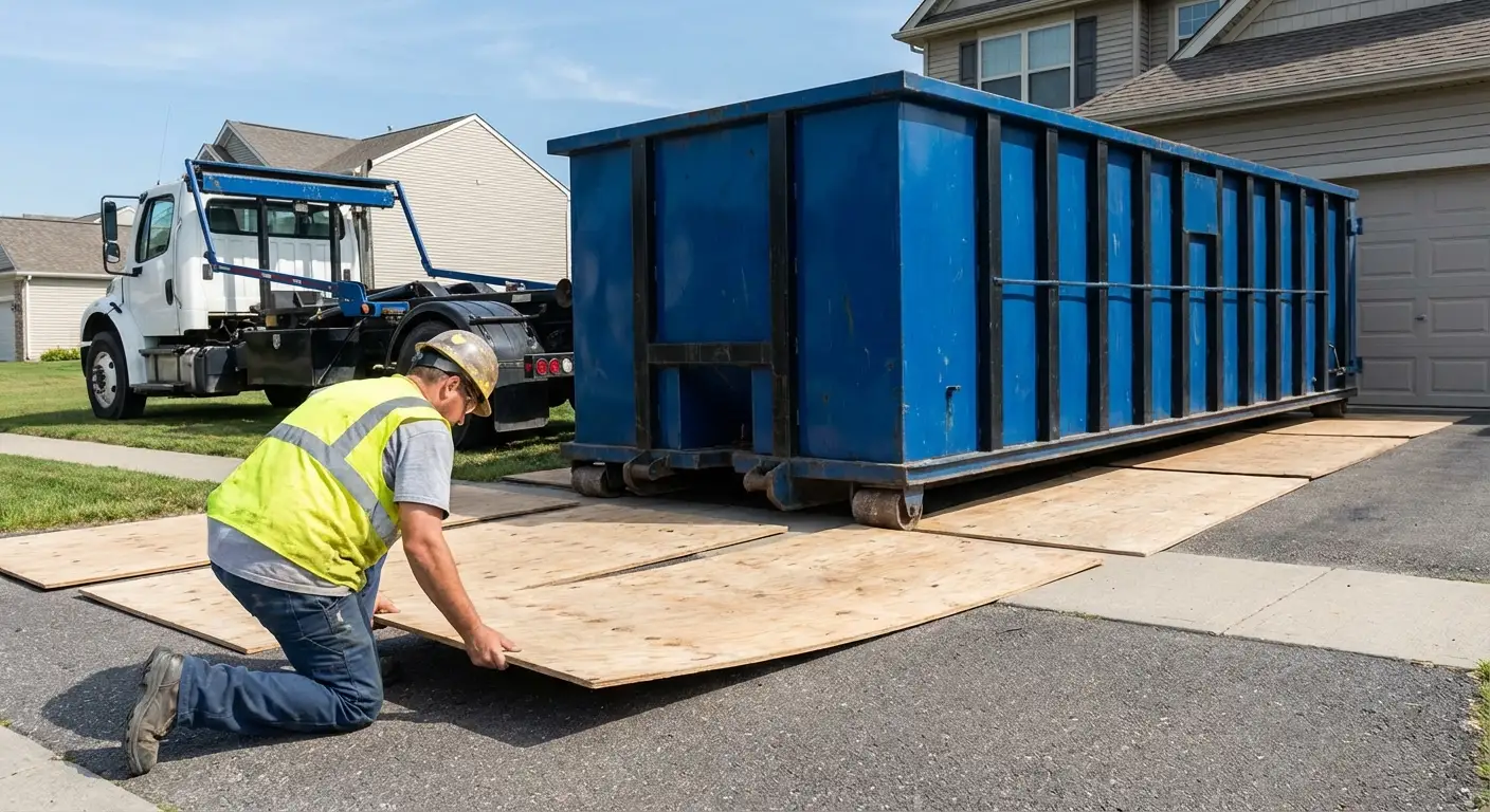 Driveway protection and delivery preparation for dumpster rental in Longmeadow, MA