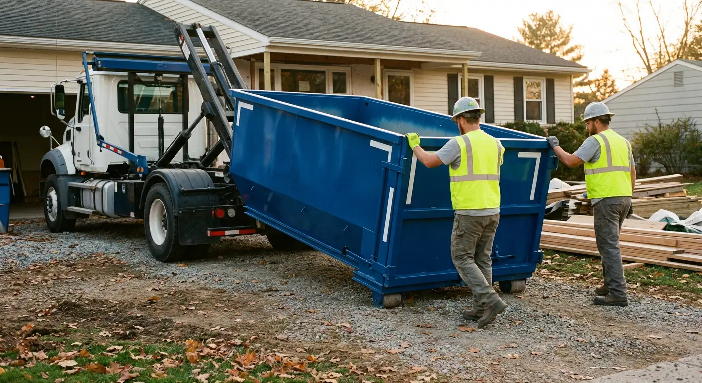 Construction dumpster delivery truck in action in Longmeadow, MA