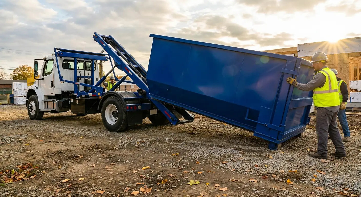 Construction dumpster delivery truck at job site in Longmeadow, MA