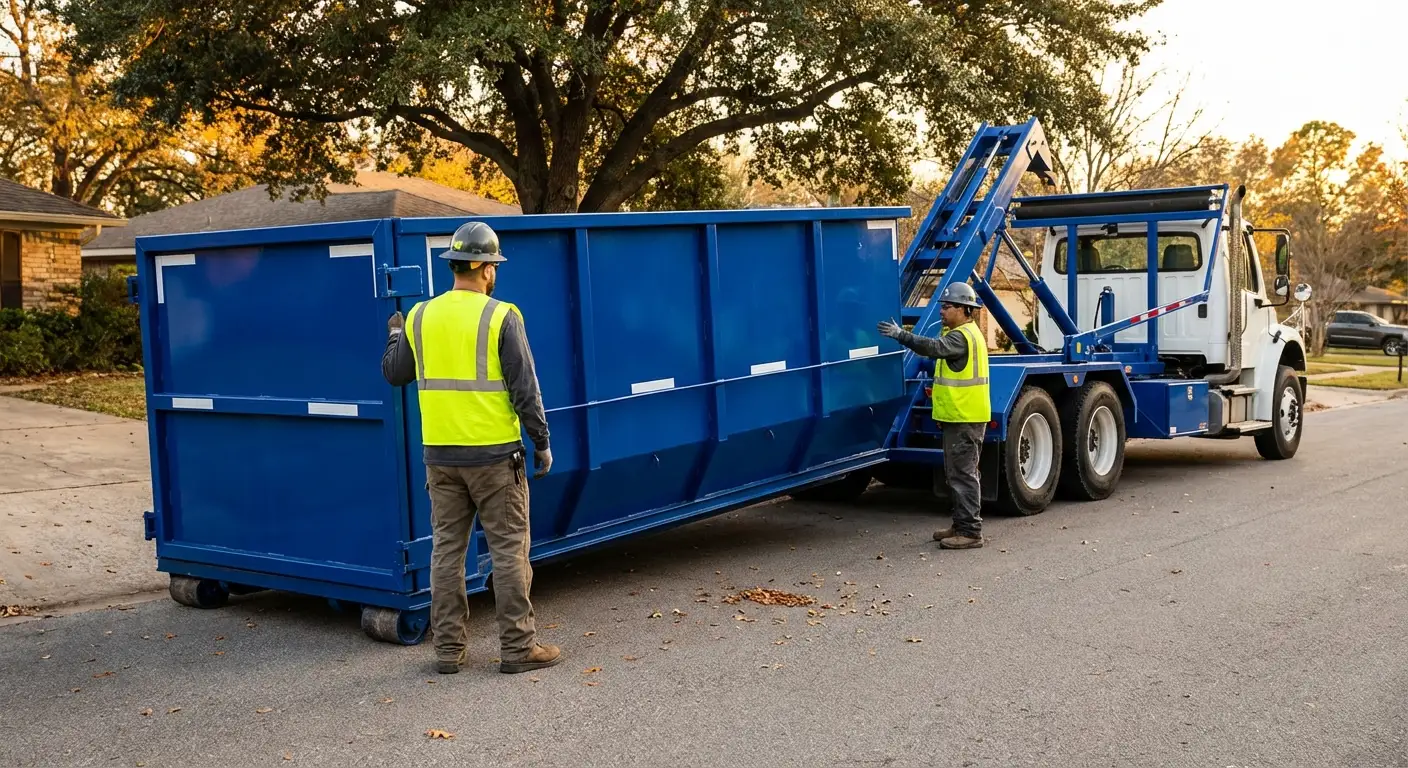 Roll-off dumpster delivery truck in operation in Longmeadow, MA
