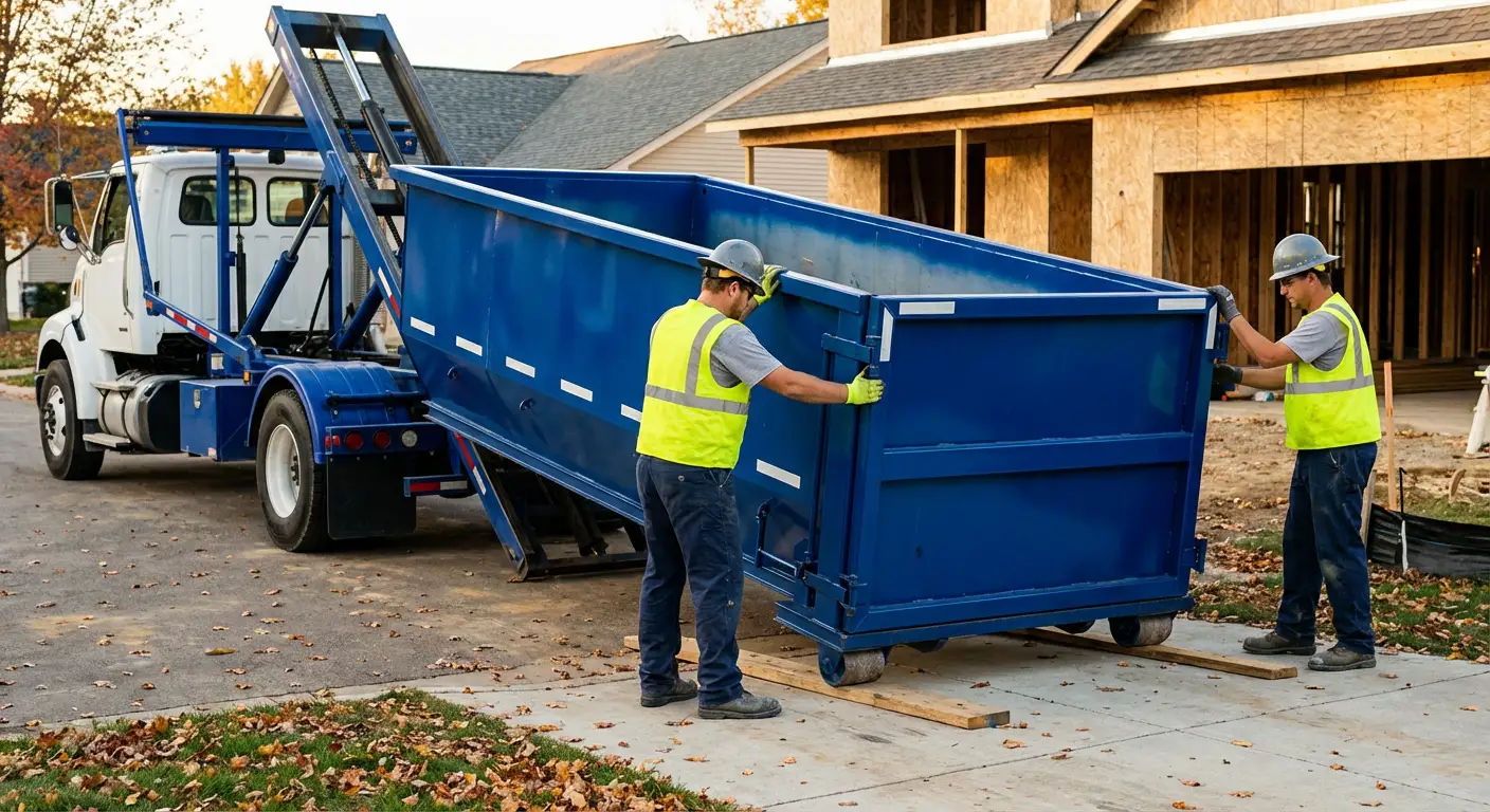 Roll-off dumpster delivery truck in residential area in Longmeadow, MA