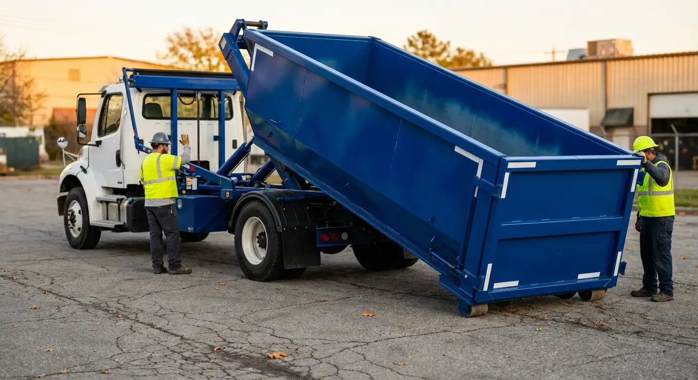 Roll-off dumpster rental truck protecting driveway surfaces in Longmeadow, MA