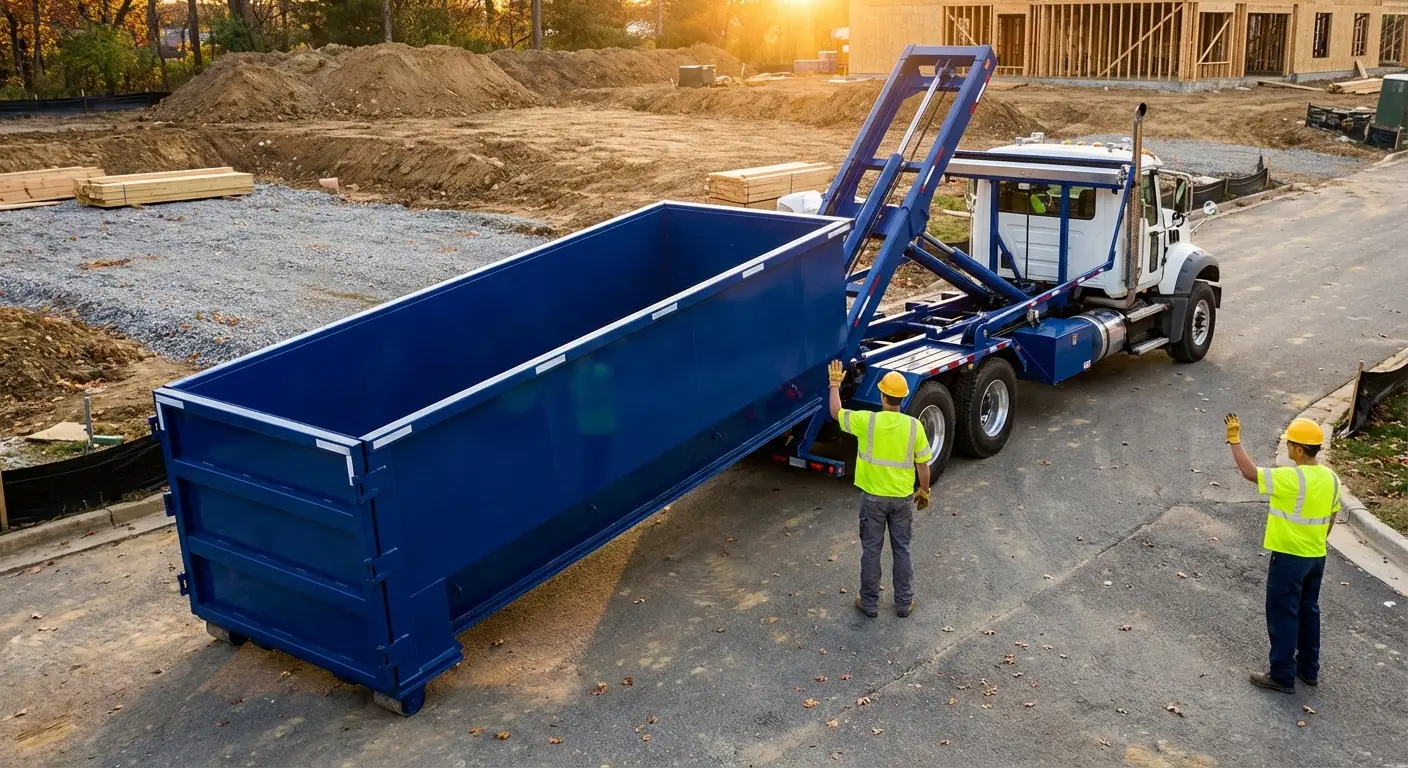Construction dumpster delivery truck in Longmeadow, MA