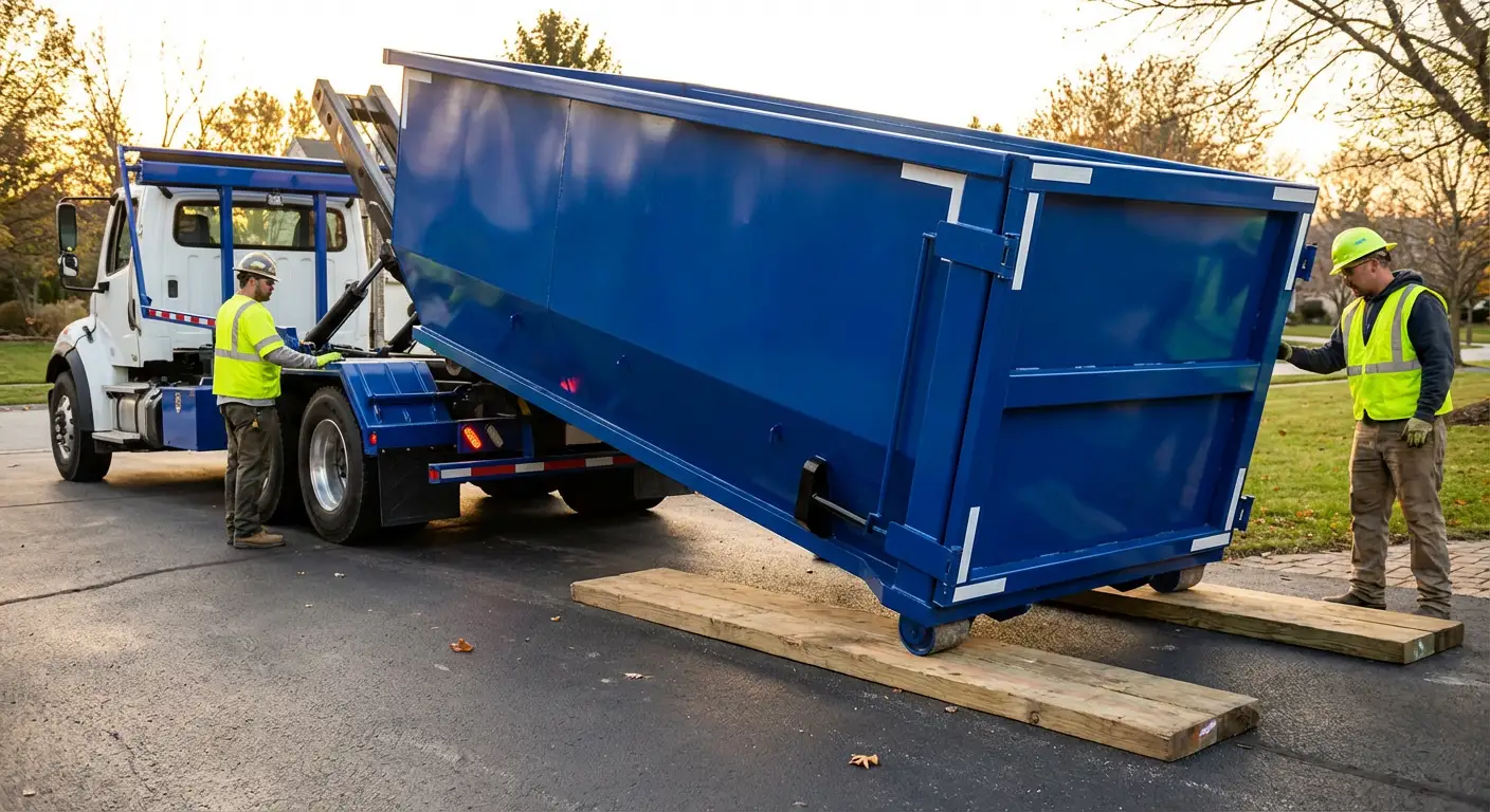 Dumpster delivery on driveway in Longmeadow, MA