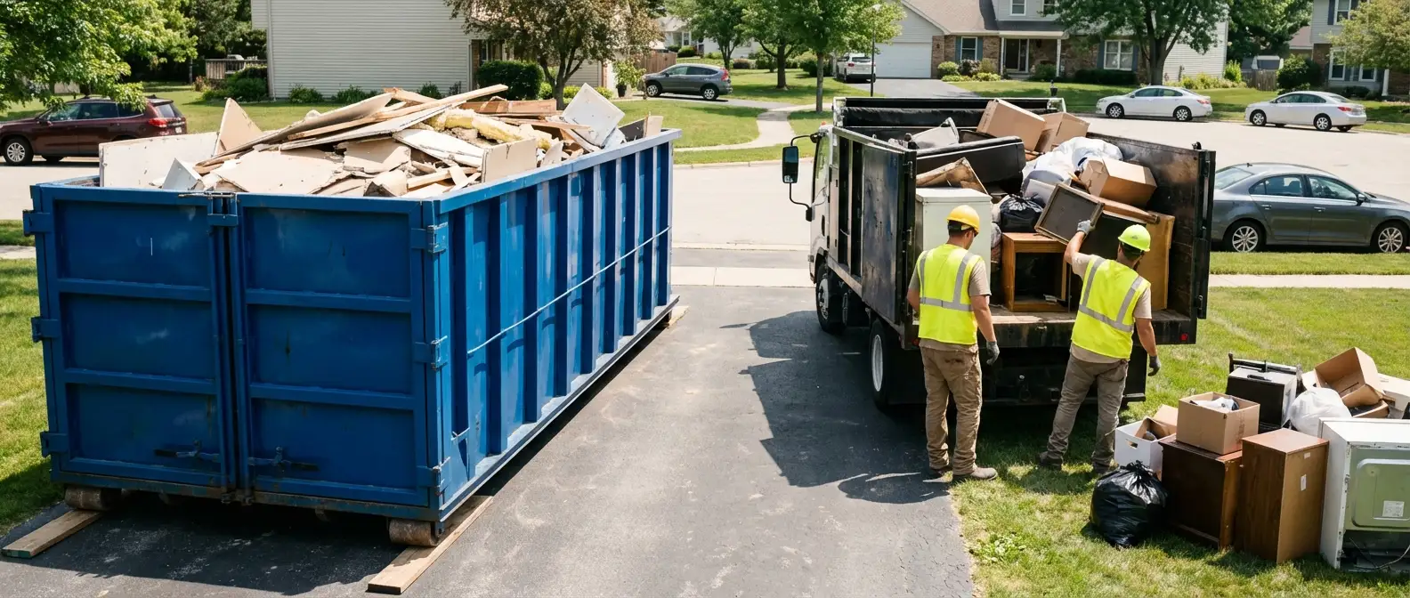 Dumpster rental versus junk removal service comparison showing capacity differences in Longmeadow, MA